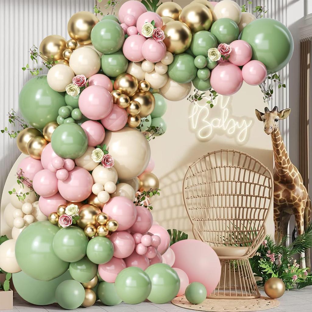 142PCS gray green pink latex balloon set suitable for birthday parties, weddings, Valentine's Day party decoration
