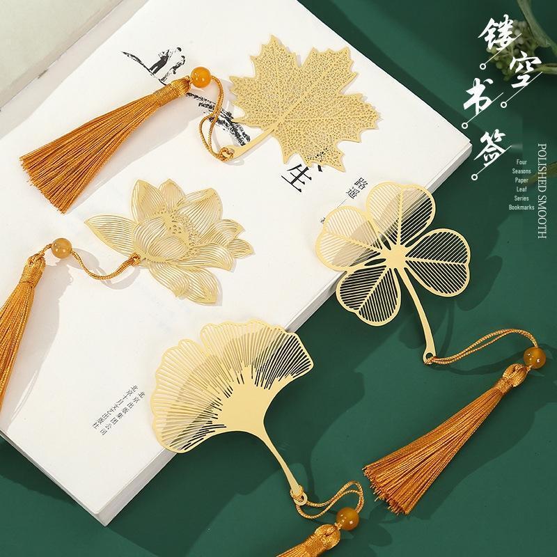 JINGRUIXIANG Chinese Style Brass Hollow Leaf Bookmark Set