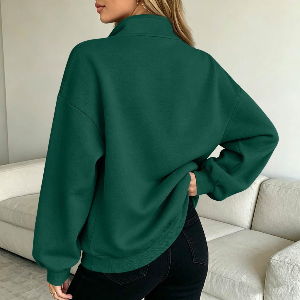 Women's Fashion Long Sleeve V-Neck Loose Fit Zip Up Jacket