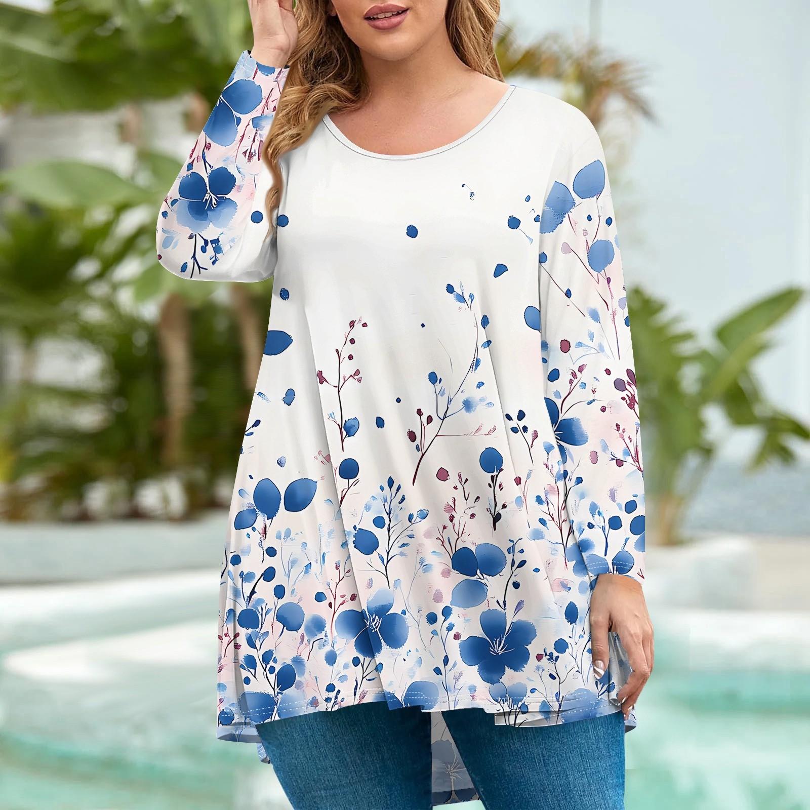 

Женская мода большого размера с круглым вырезом и длинным рукавом, повседневный свободный пуловер с принтом XXL синий