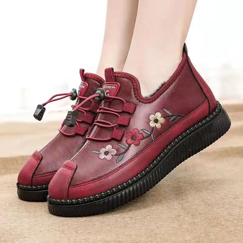 2026 Winter Stylish Warm Cotton Shoes Boot Non-slip Waterproof Mothers Shoes Thick Bottom Comfortable Embroidery Shoes for Women