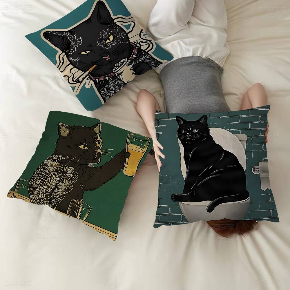 Black Drink Cat Vintage Posters Pillow Gift Home Office Decoration Bedroom Sofa Car Cushion Cover Case 45X45