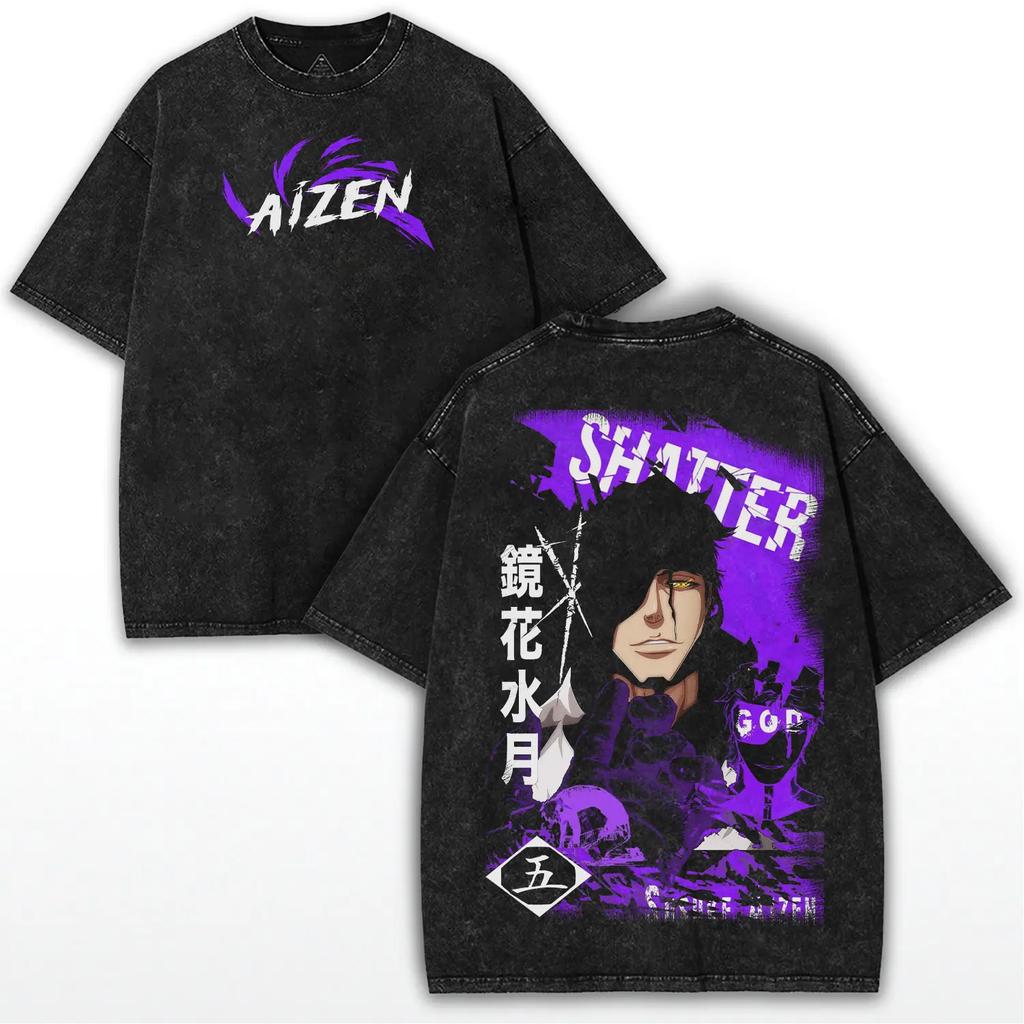 BLEACH Aizen Sousuke Anime T-shirt For Men's Clothing Vintage Washed Oversized T Shirt Summer Short Sleeve Cotton Tees Tops