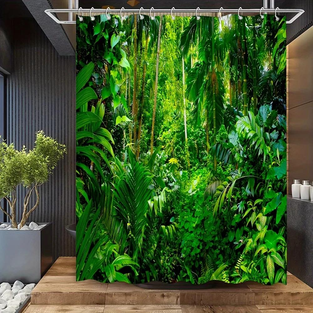 Eleganter wasserdichter Duschvorhang mit grünem Wald- und Blätterdesign – Perfekt, um die Schönheit der Natur in Ihr Badezimmer zu bringen