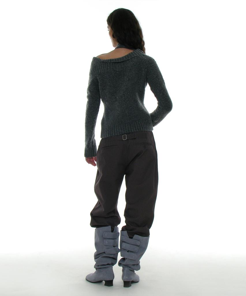 PARTIMENTO WOMEN Tie Neck Strap Asymmetrical Knit Top_Charcoal