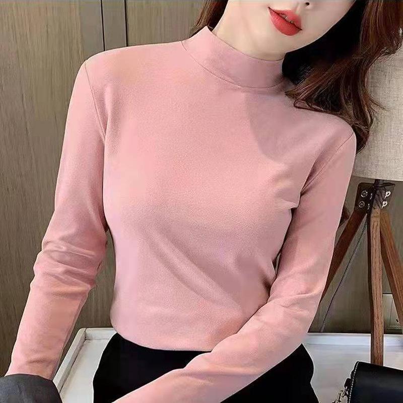 Women's Half High Neck Slim Fit Warm T-Shirt - Autumn/Winter Solid Color.
