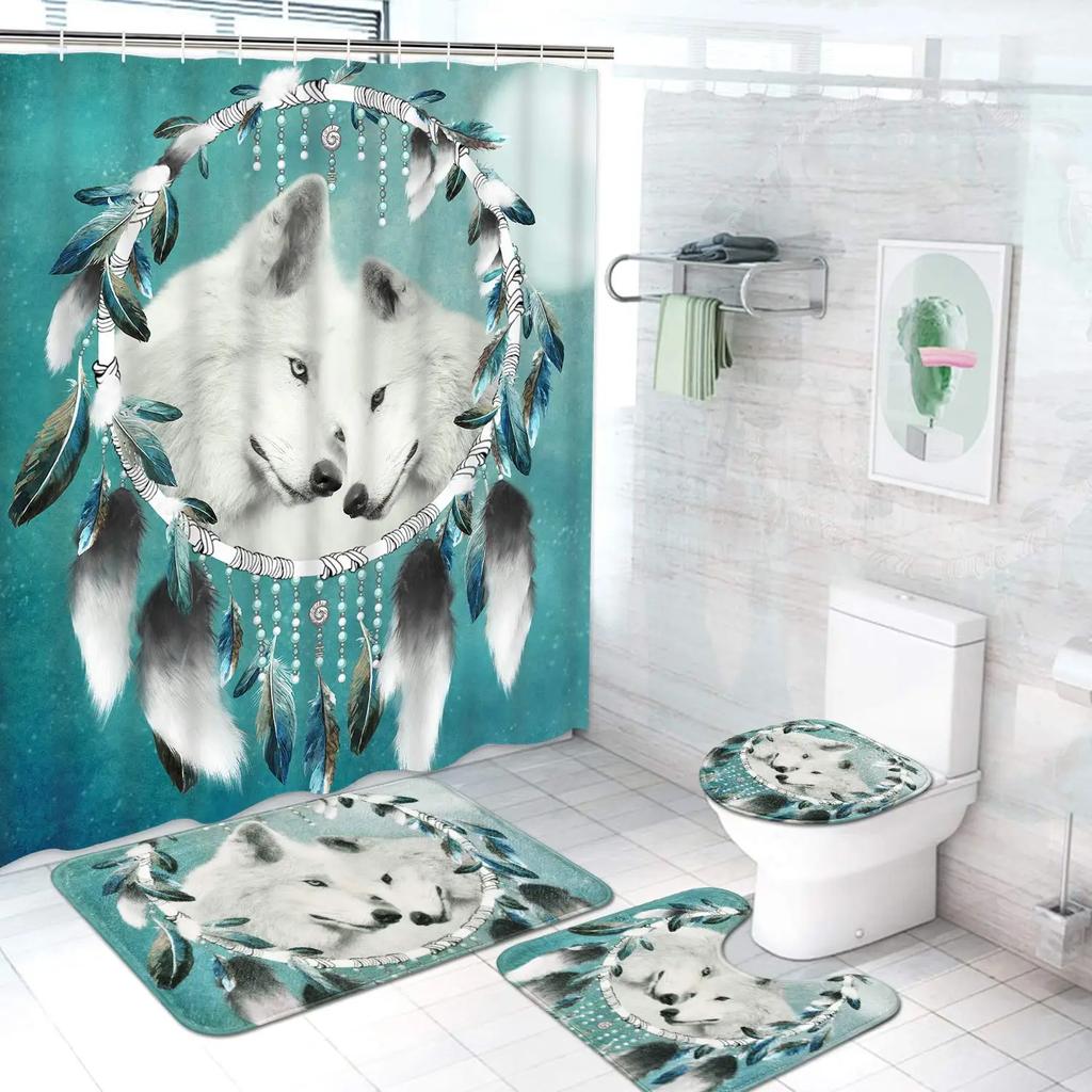 Mystery Wolf Animal Printed Shower Curtain Set With Bath Mat Anti-Slip Toilet Lid Cover Bathroom Set Carpet Home Decoration
