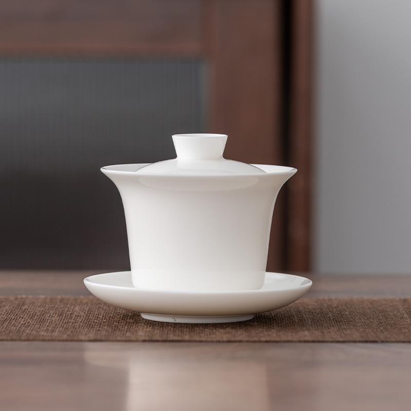 Hover Chinese suet jade porcelain cover bowl large white porcelain not hot, household tea ceramic three talents single tea bowl