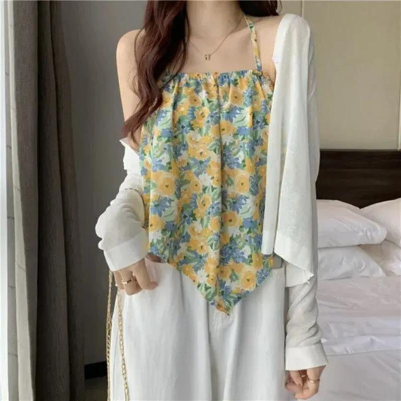 Volný letní styl Vesta s malým popruhem Ženy Vnitřní oblečení Květinový design Trendy Outdoorové oblečení Retro Polyester Délka