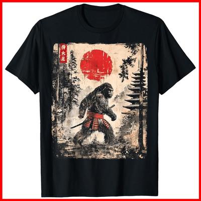 Samurai Bigfoot Japanese Vintage Graphic Ukiyo-e Art Funny Black Cotton T-Shirt Unisex T-Shirt