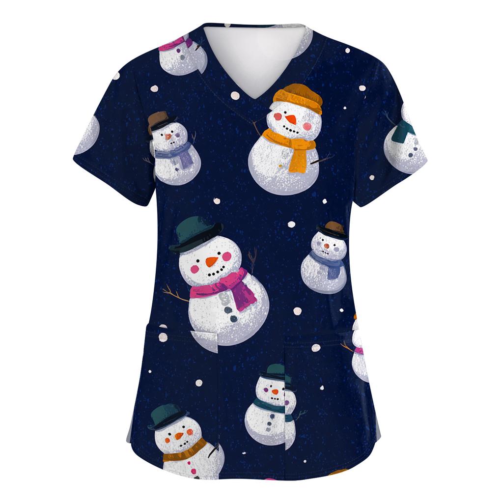 Damska Moda Krótki Rękaw Świąteczny Nadruk Dekolt V Kieszeń Odzież Robocza Top