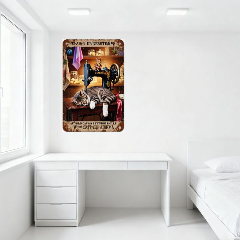 Vintage 'Never Underestimate' Cat Tin Sign with Sewing Machine & Sleeping Cats, Rusty Aged Metal Sign for Home Wall Decor, Retro