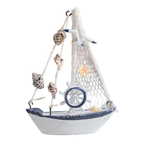 Nautical Wooden Sailboat Models Coastal Beach Style Blue White Ship Tabletop Figurine for Home Living Room Office Farmhouse Decor