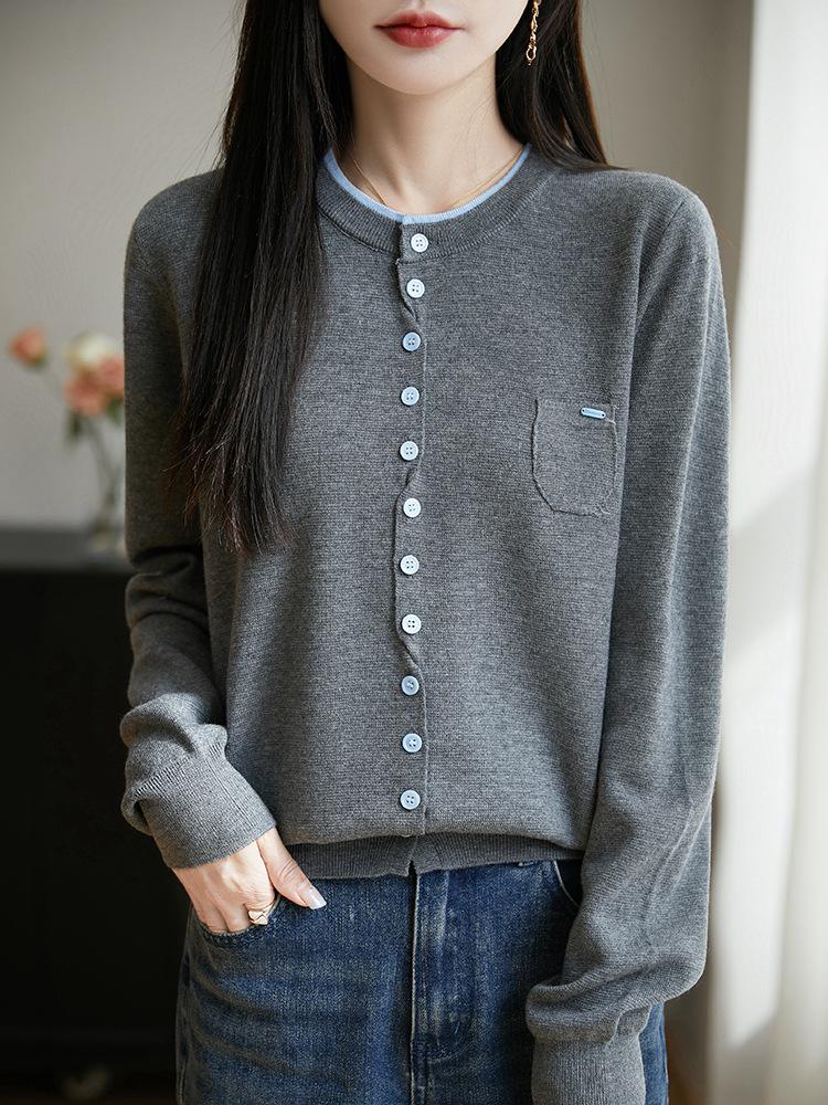 2025 Silk Wool Color Block Buttoned Cardigan with Pockets for Women