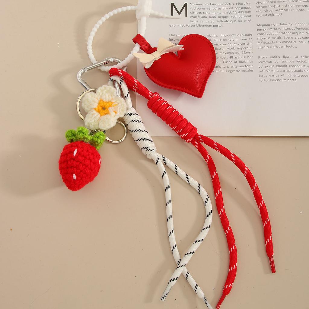 Handmade leather love bow bag hanging strawberry flower woven rope pendant keychain high sense
