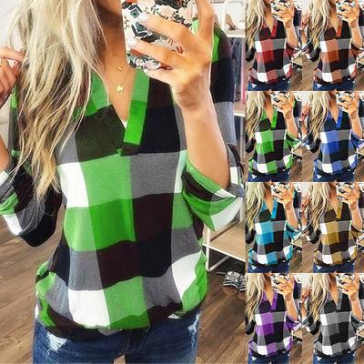 Spring Autumn Shirt Checkered V-neck Long Sleeve Top Women Plus Size Casual Plaid Blouse