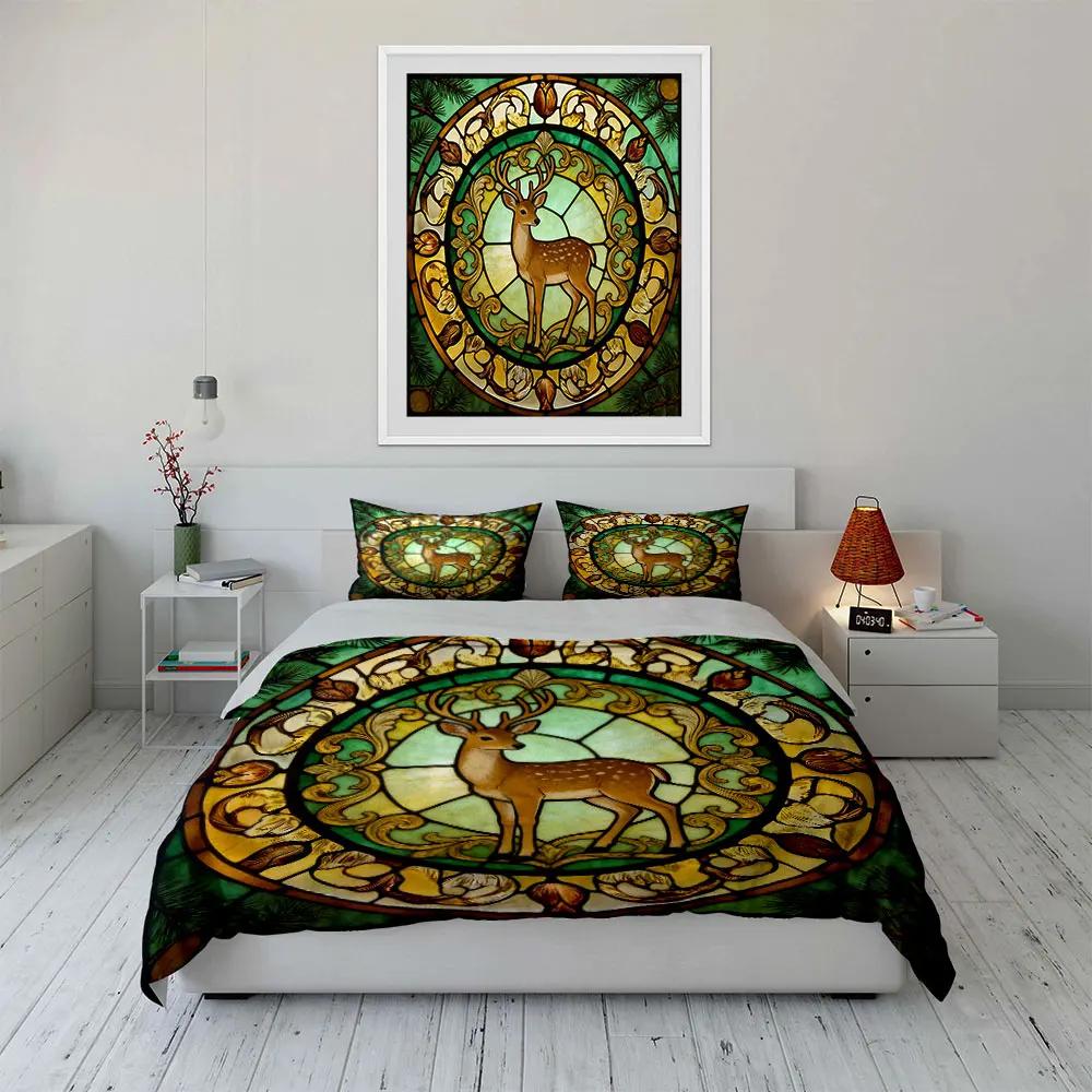 "Deer Stained Glass Window Decor" Soft Comfortable Duvet Cover Bedding Set Included 1*Duvet Cover & 2*Pillowcases Gift