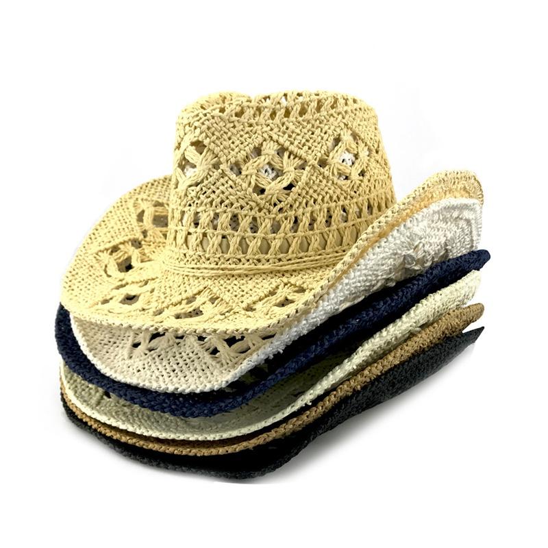 Hollow Out Men Straw Hat Western Cowboy Hat Beach Cap Solid Color Unisex Shading Hand Made Fashion Summer Hat