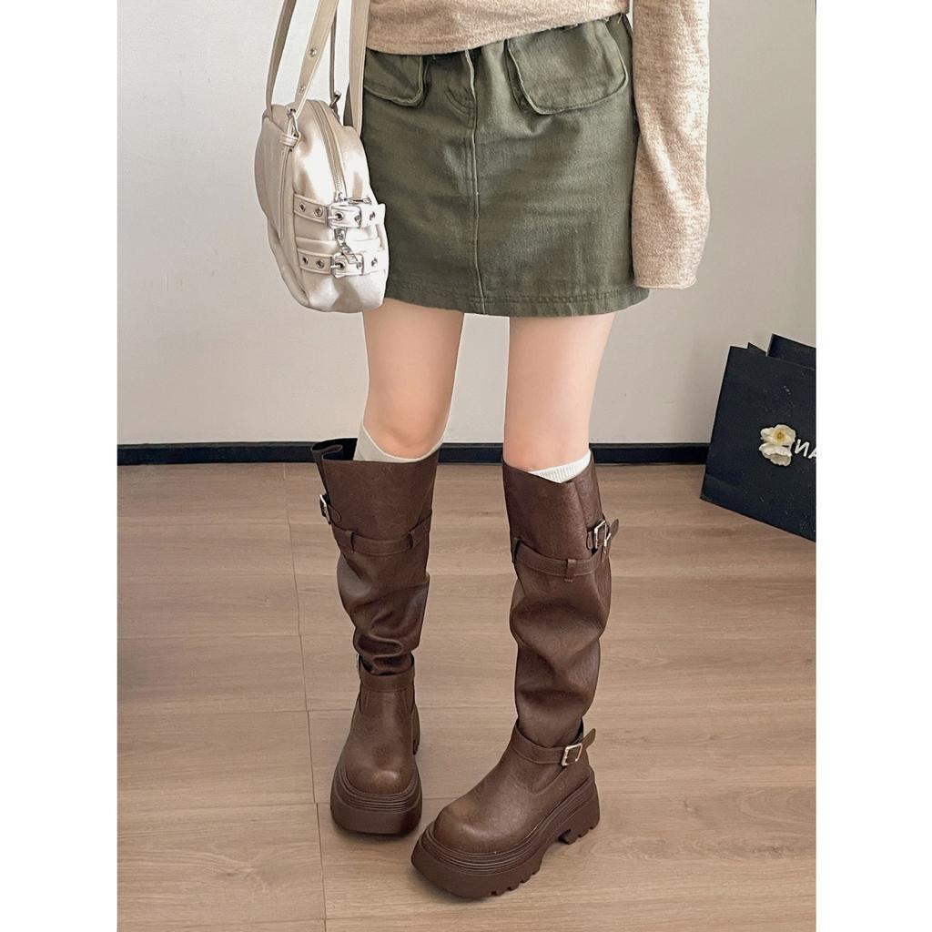 Black retro platform boots women's boots 2025 new autumn small slim versatile pile knight boots