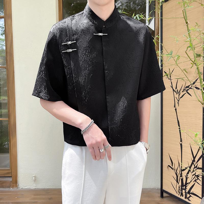 Summer New Chinese Style Jacquard Short Sleeved Shirt Men's New Loose Chinese Style Stand Up Collar Shirt