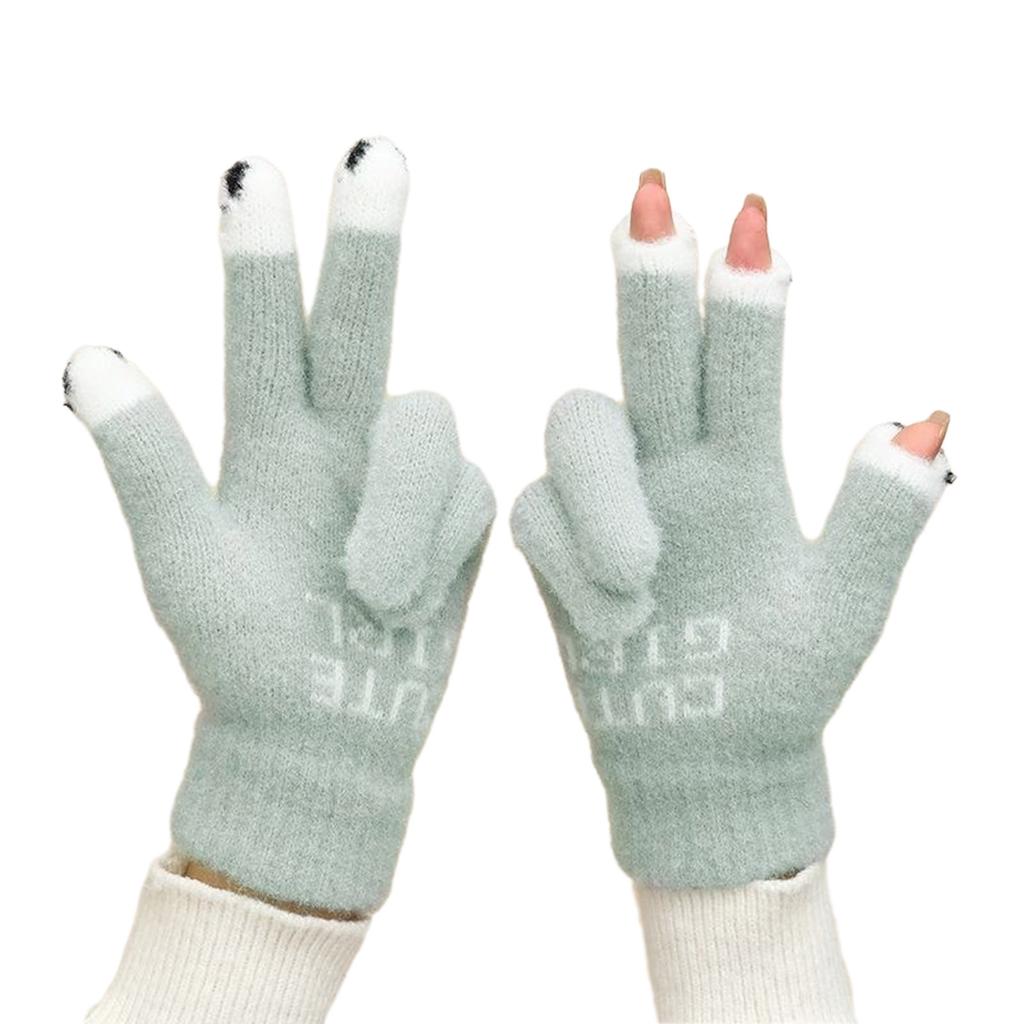 Knitted Touchable Screen Gloves Winter Full Finger Mittens Stretchy Warm Three Finger Exposed Gloves for Girls Teens