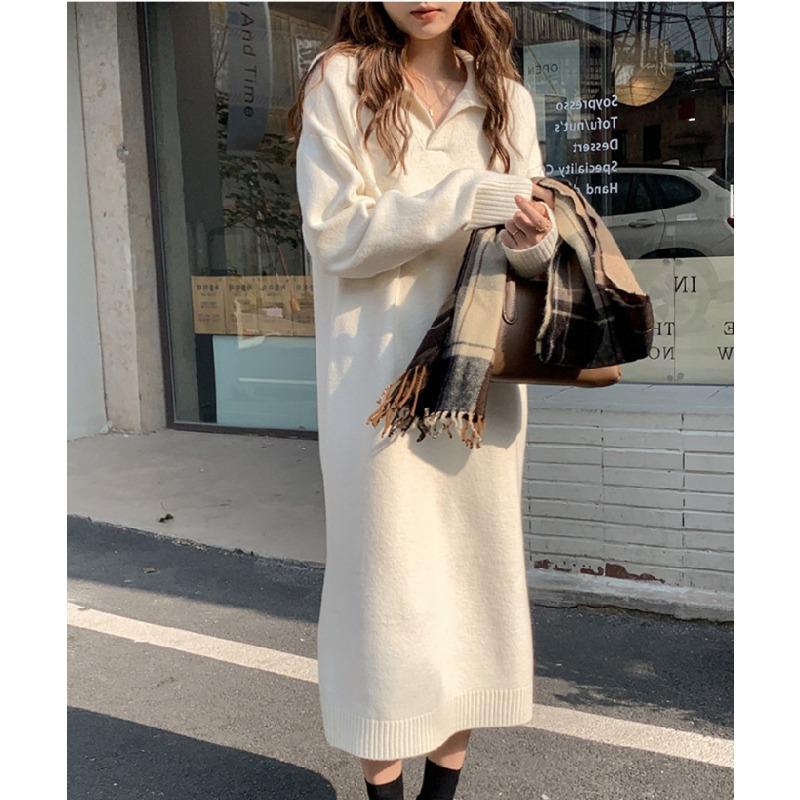 Solid color polo collar bottoming skirt autumn and winter new with coat long over the knee lazy wind loose thick knitted sweater skirt