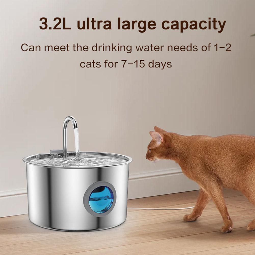 3.2L Pet Water Fountain Water Dispenser Stainless Steel Cat Water Fountain Triple Filtration for Pets & Small Animals