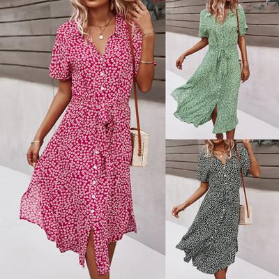 Women Dress Floral Print Breathable Cotton Blend Sexy V-Neck Midi Dress
