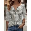 Skull Print Half-Zip T-Shirt, Casual Long-Sleeve Top for Spring and Autumn, Women's Apparel
