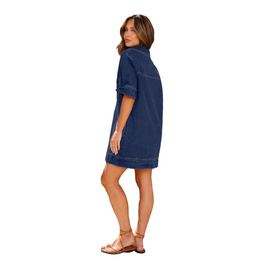 Women Spring Short Sleeve Turn-down Collar Dress Summer Casual Loose Above Knee Denim Dresses S-XL