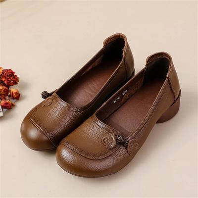Bequeme Weiche Rindsleder Damen Schuhe Retro Ethno Stil Schuhe Echtes Leder Einzelne Schuhe Quadratisch Absatz Herbst Slipper Damen