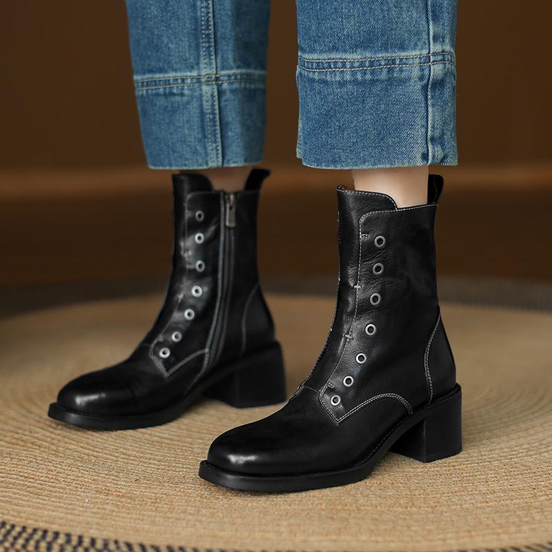 Fashion 2025 Winter Women Shoes Genuine Leather Women Boots Mid-calf Modern Boots Women Solid High Heel Boots Ladies Shoes