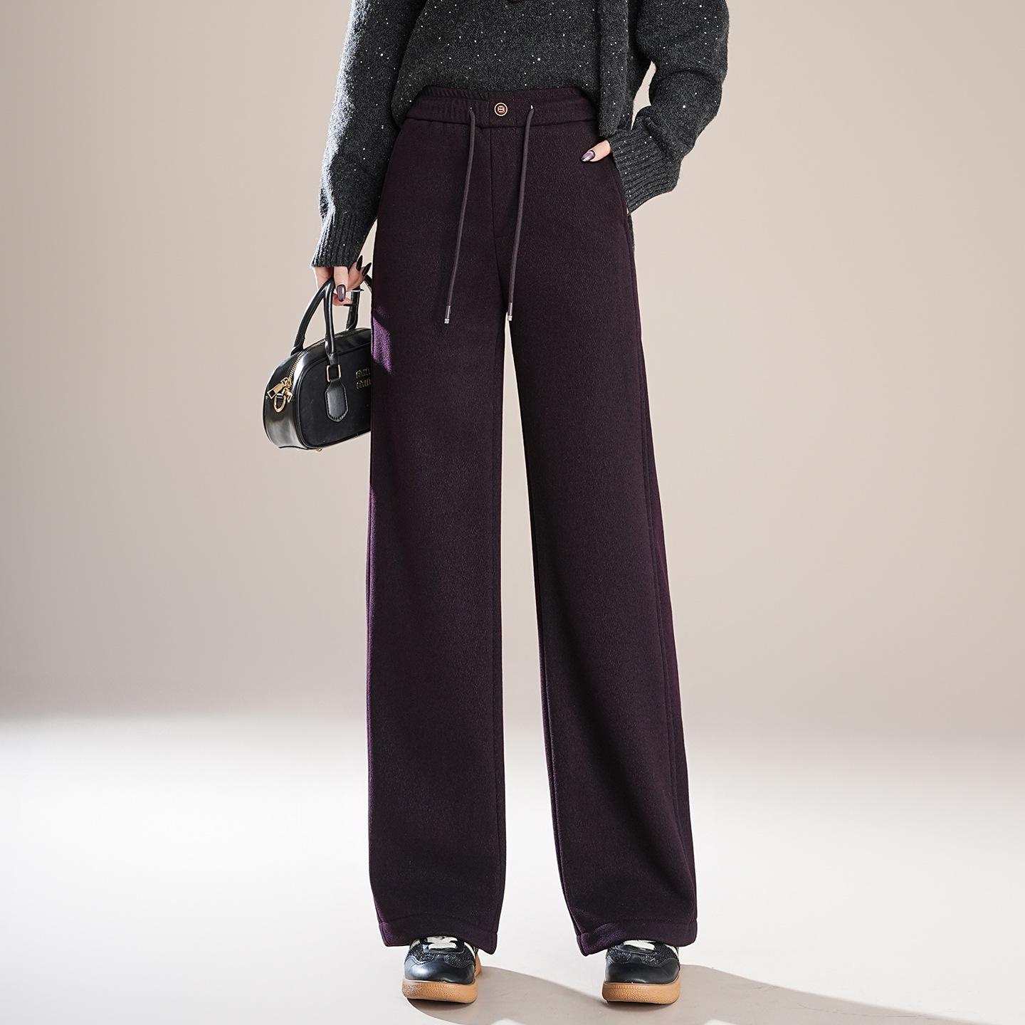 

Women s High-Waist Woolen Wide-Leg Pants - Autumn/Winter Fashionable Thick Casual Trousers 27/M (96-105 lbs) темно-фиолетового