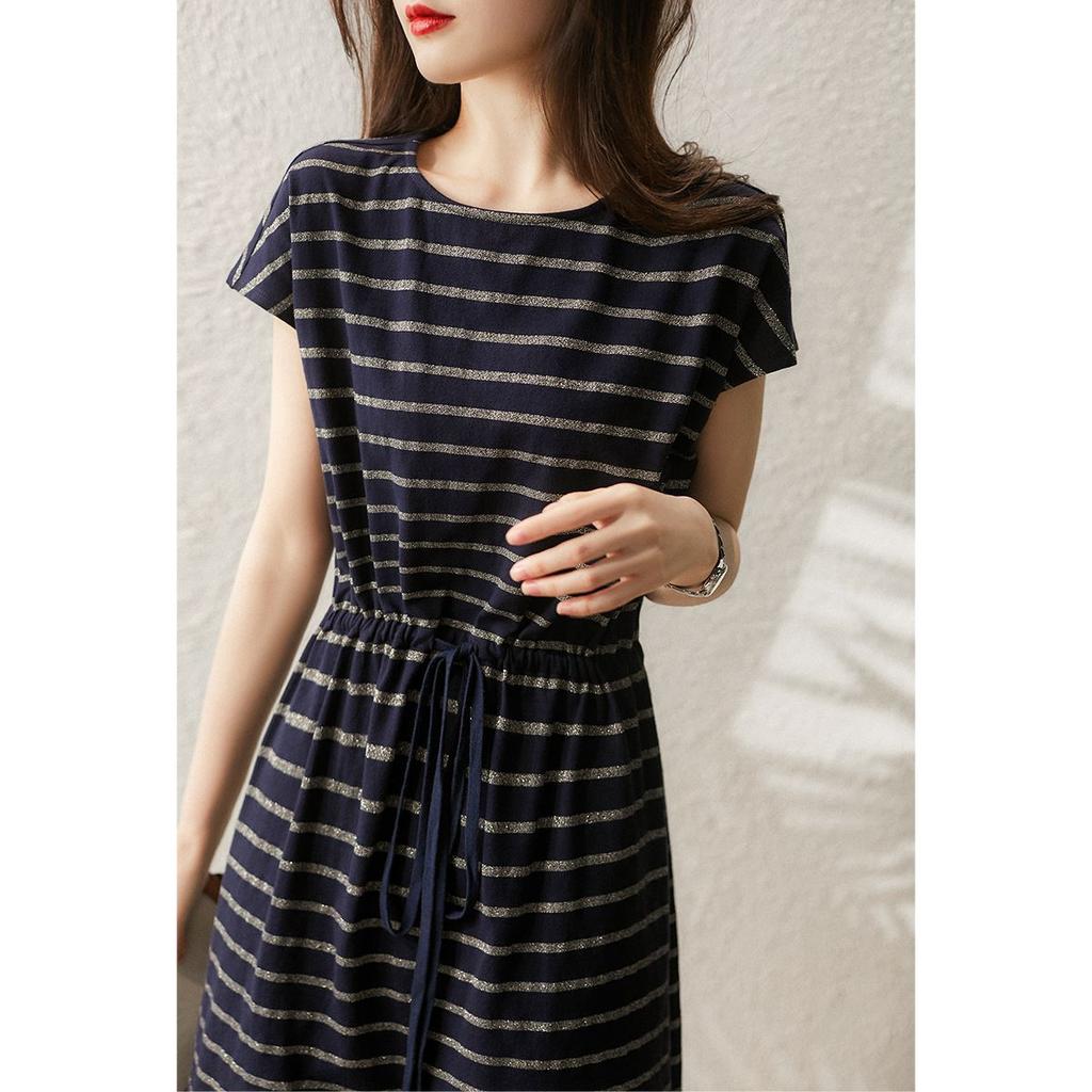 Spring and summer new vitality in the sun, bright silk striped Tibetan meat with rotator sleeves dress