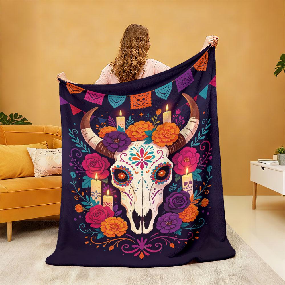 Day Of The Dead Flower Printed Cow Skull Flannel Blanket Multi Sizes Cozy Sofa Throw Nap Blanket For Office Break Festival H