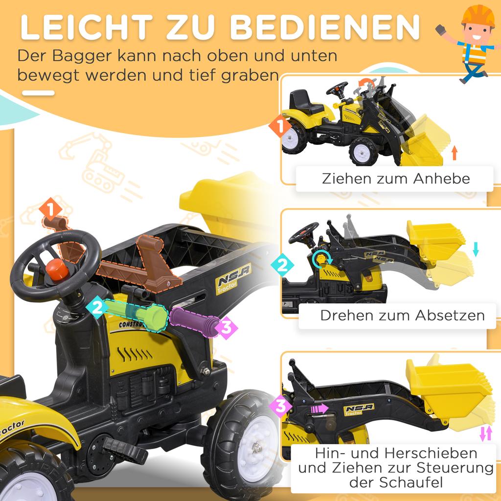 Children's Wheel Loader, Movable Shovel, Horn, Pedal Drive, Ages 3+, Metal Frame, Yellow, 114 X 41 X 52 Cm