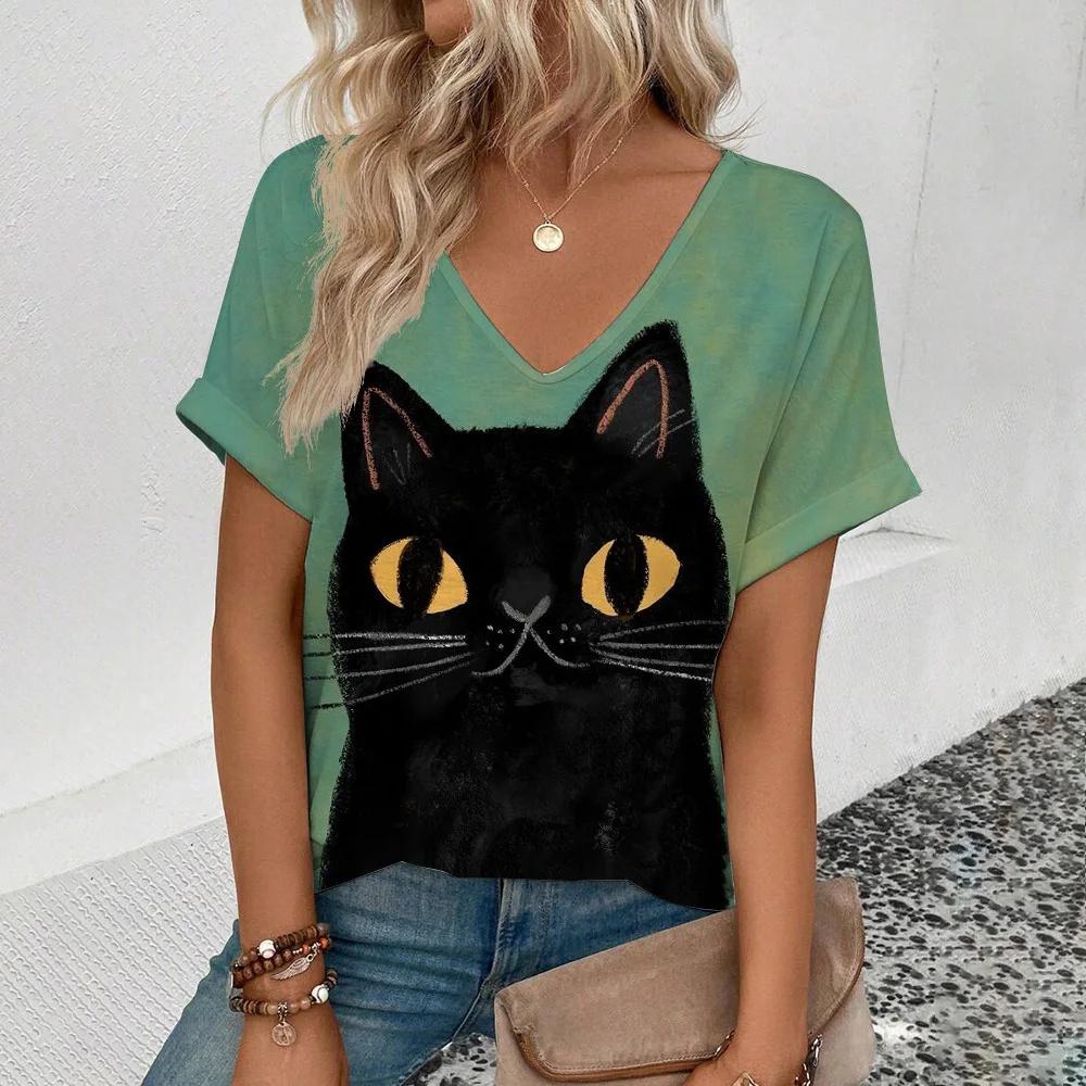 Women's Retro T Shirt Anime Cat Graphic Girl Clothes Summer V-Neck Short Sleeve Tees Female Harajuku Streetwear Oversized Blouse