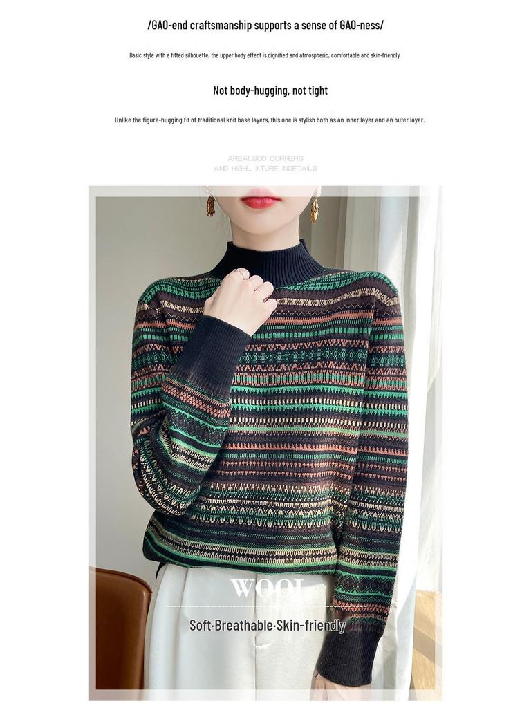 Damen Retro Gestreifter Strickpullover mit hohem Kragen - Vielseitig & Modisch für Herbst/Winter