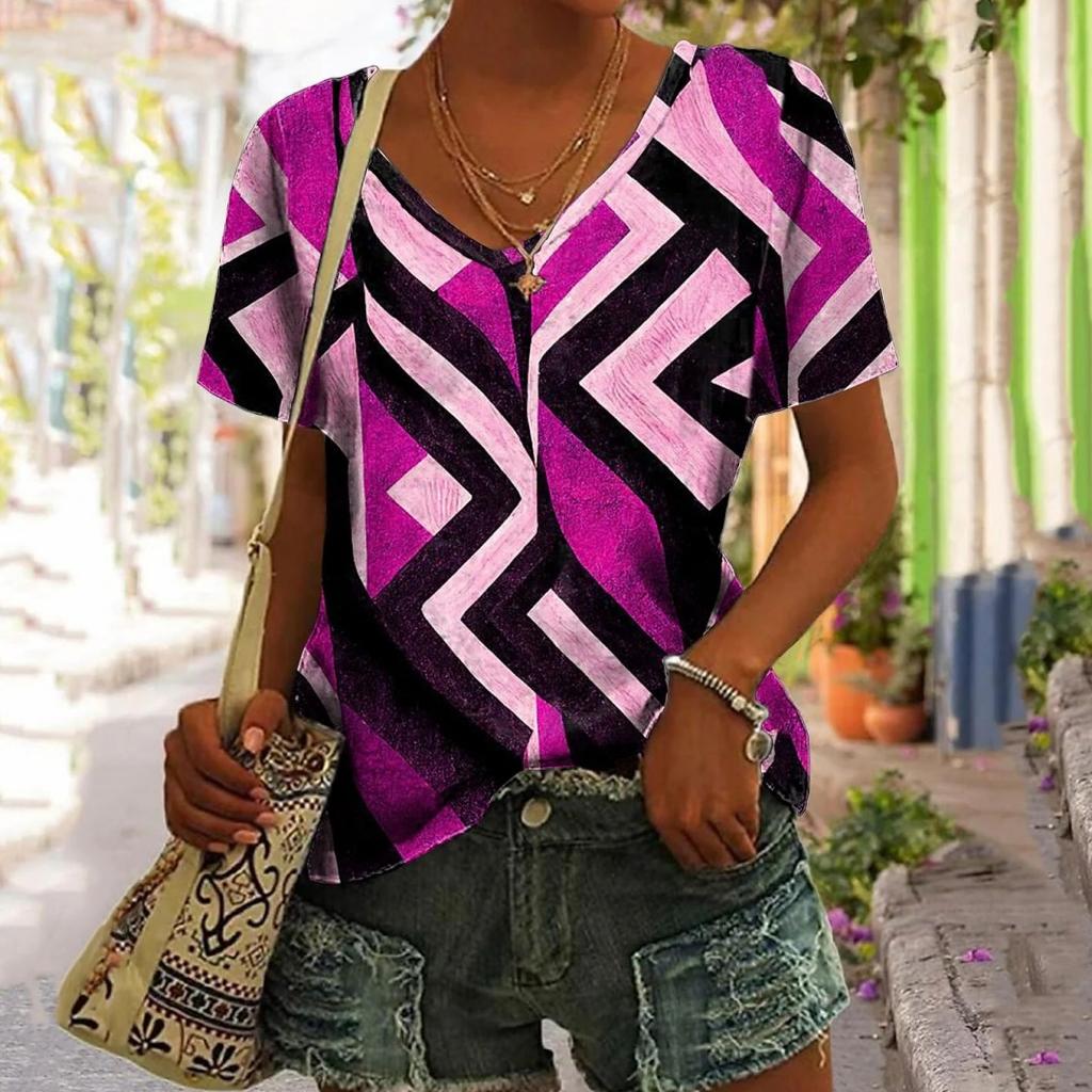 Women's T-shirt Summer Outdoor Casual V-neck Short Sleeve Tops Classic Printed Patterns Large OverSize Loose Women's Clothing