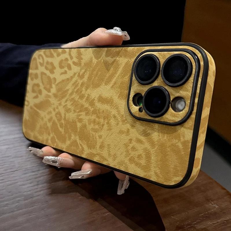 Luxury Leather Colorful Leopard Pattern Phone Case for iPhone 16 15 14 Plus 13 12 11 Pro Max Soft Bumper Matte Shockproof Cover