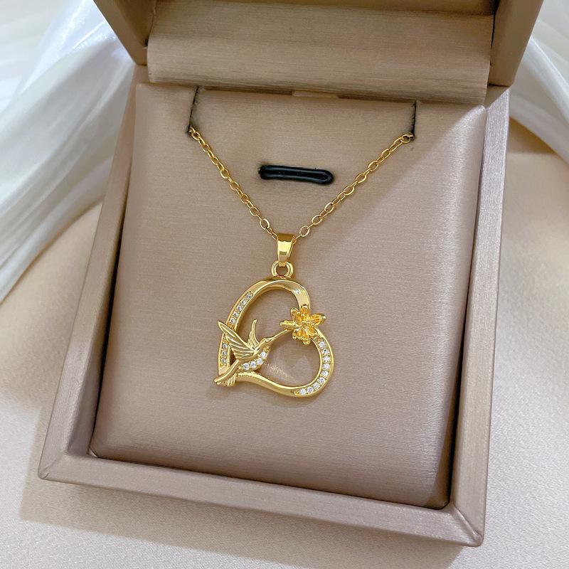 Swallow With Flowers Light Luxury Temperament Gorgeous Full Diamond Necklace Female Versatile Collarbone Chain Titanium Steel Chain