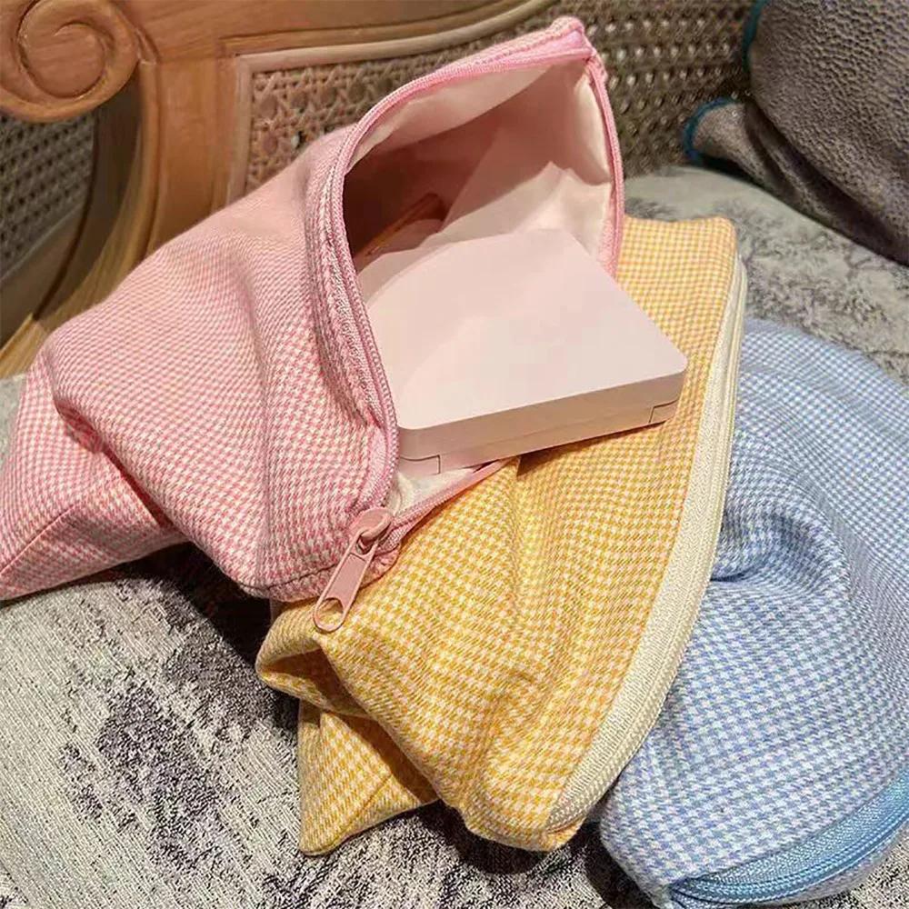Fashion Cotton Cosmetic Bag Large Capacity Checkered Storage Handbag Pink/Blue/Yellow Makeup Bag Women