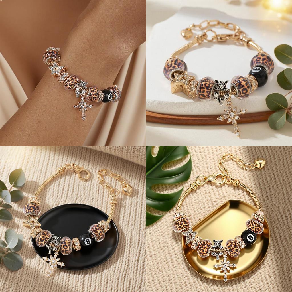 Elegantes Leopardenmuster Kreuz-Anhänger Verstellbares Kupferarmband Für Damen
