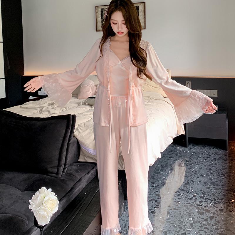 Elegant Three-Piece Lace Fleece Pajamas for Women - Autumn/Winter Collection