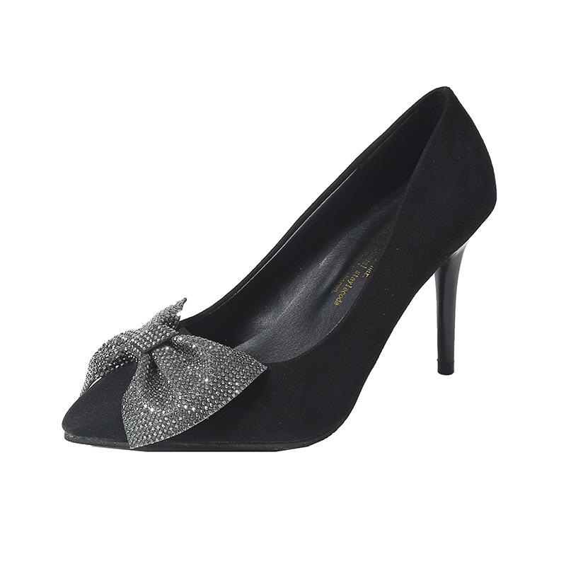

Темпераментные туфли на высоком каблуке со стразами, черные профессиональные шпильки, лето 2025, новые, с острым носком, с мелким вырезом, с бантом, темпераментные одинарные туфли 34