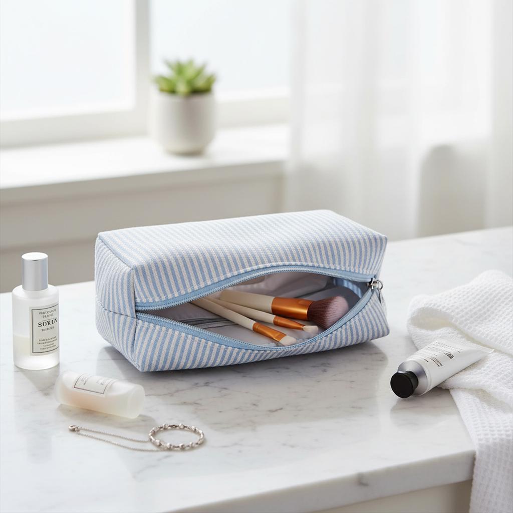 Striped Embroidered Travel Cosmetic Bag Portable Toiletry Organizer for Women Makeup Storage Pouch