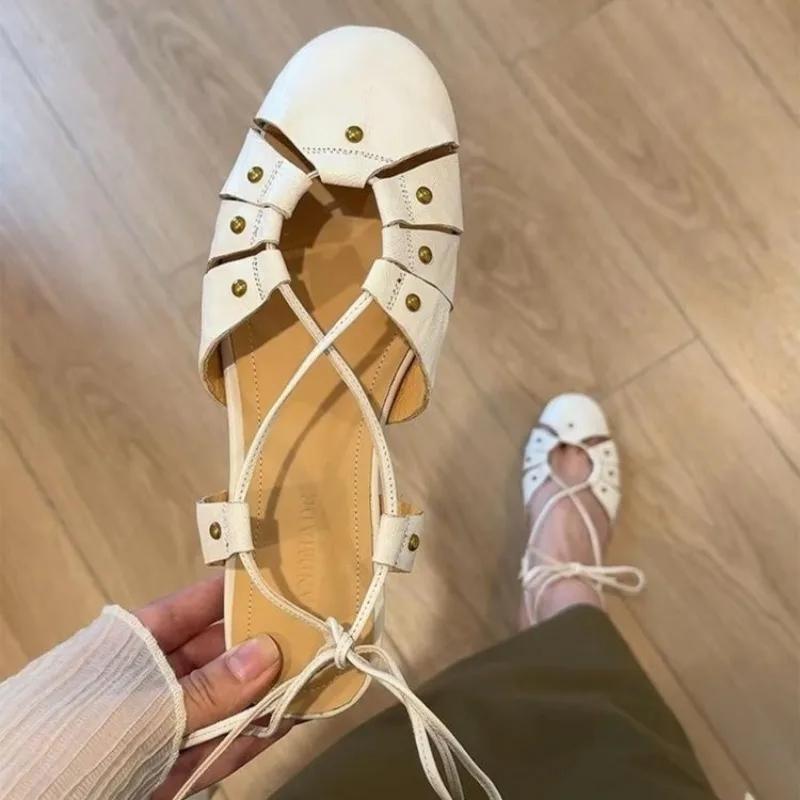 

Fashion Ladies Shoes 2025 Brand Closed Toe Women s Sandals Fashion Rivet Casual Summer New Lace-up Best Seller Comfortable Flat Sandals 35