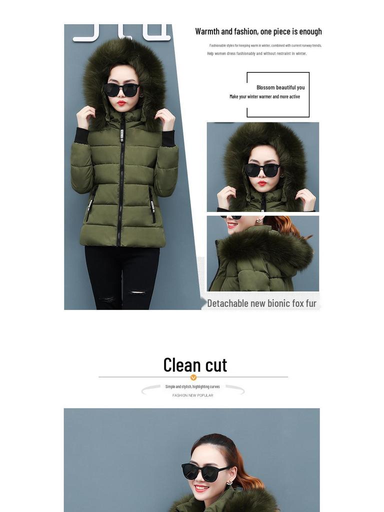 Damen Winter Kurze Baumwolljacke mit Pelzkragen - Slim Fit und Verdickt für Wärme