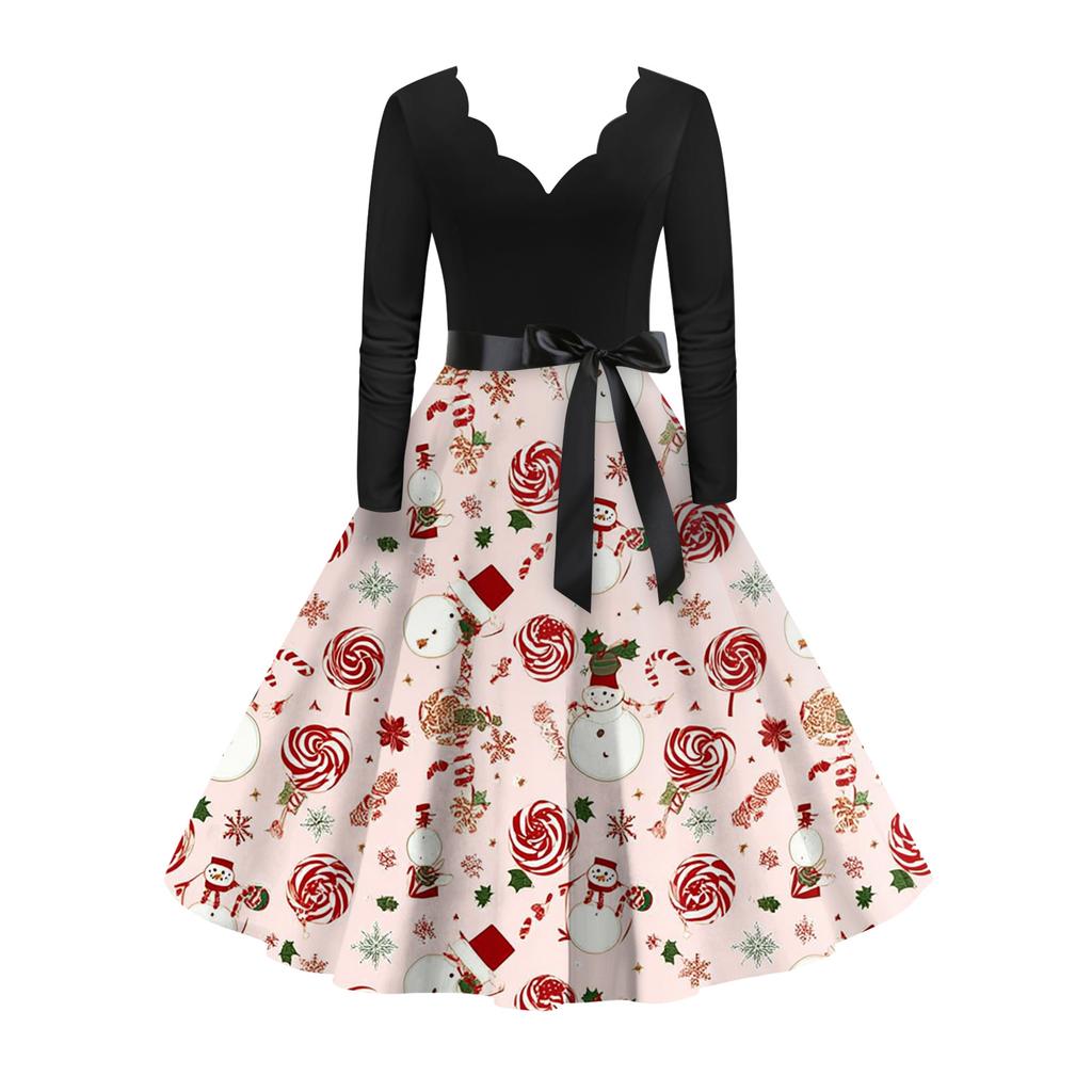 Women's Fashion Elegant Autmn and Winter Long Sleeve V-Neck Christmas Print Dress