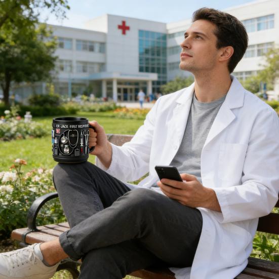 Personalisierte Tasse mit medizinischem Thema ER Jack Ersthelfer 3D Medizinische Werkzeuge Tasse Schwarze Keramik Kaffeetasse für Ärzte Krankenschwestern Praktisches Geschenk Sammlerstück